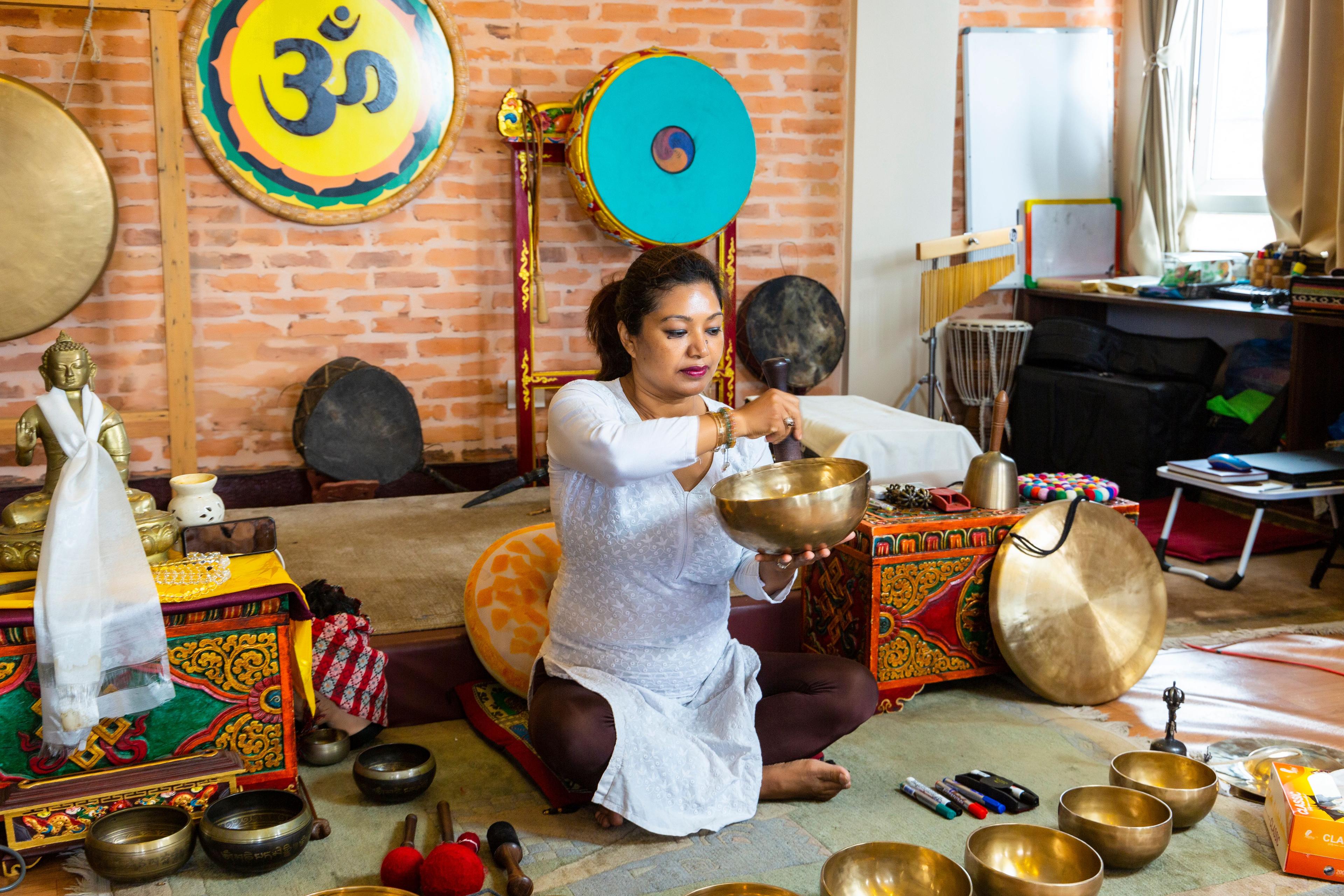 Group sound healing class at Kaivalya Yoga Nepal